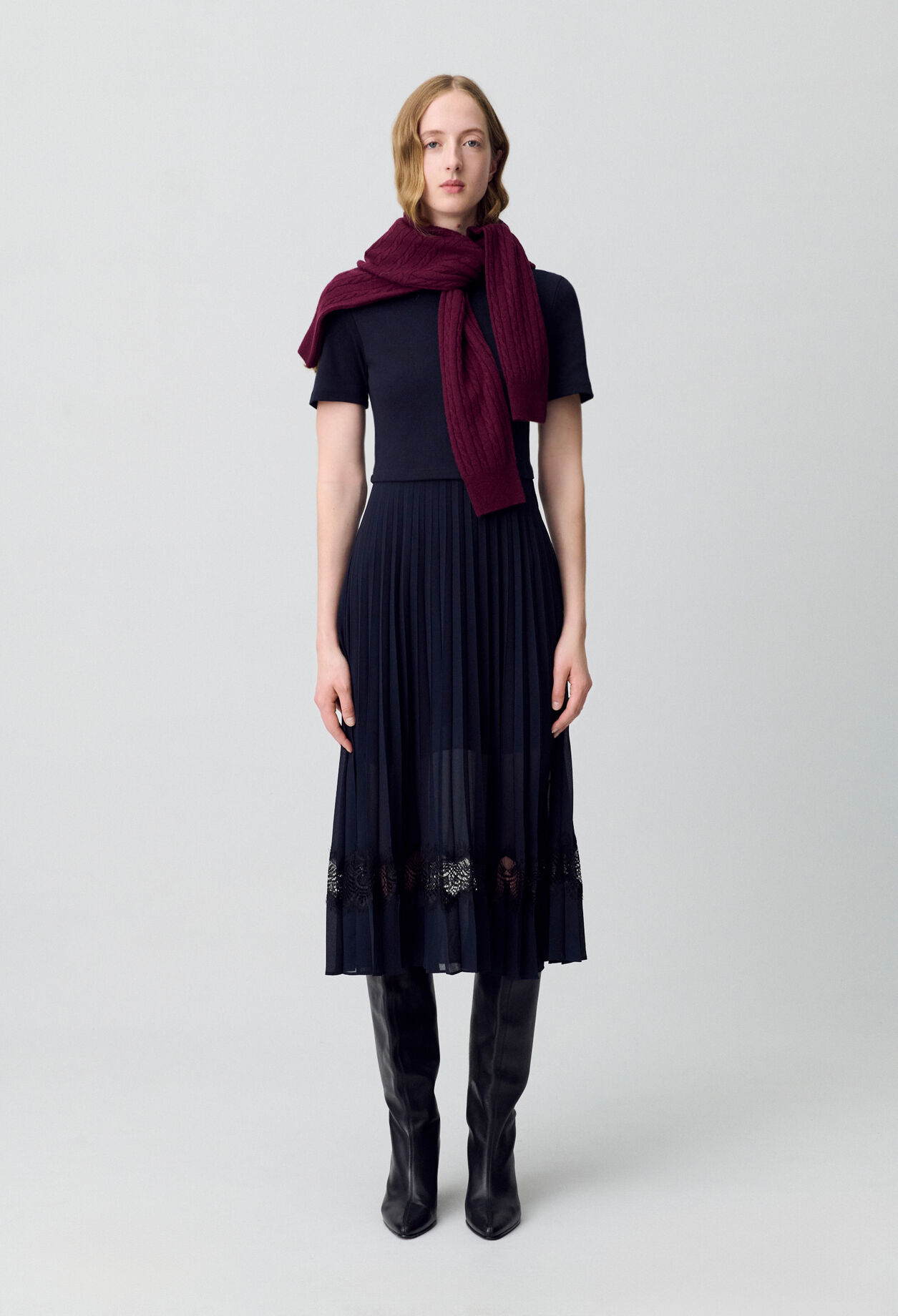 Robe midi bi-matière noire et marine 