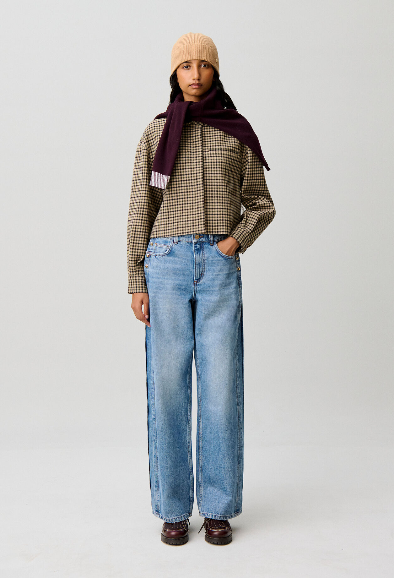 Veste courte laine m&eacute;lang&eacute;e &agrave; carreaux