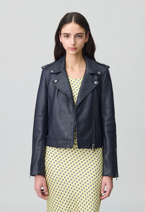 Veste cuir grainé bleu marine