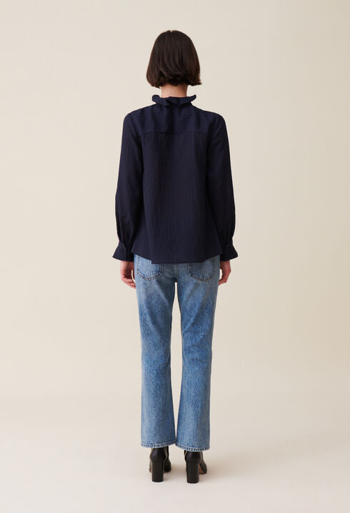 Blouse ray&eacute;e volants bleu fonc&eacute;