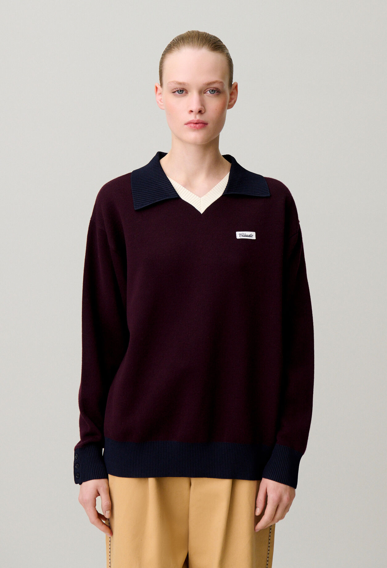 Pull maille double col contrast&eacute;