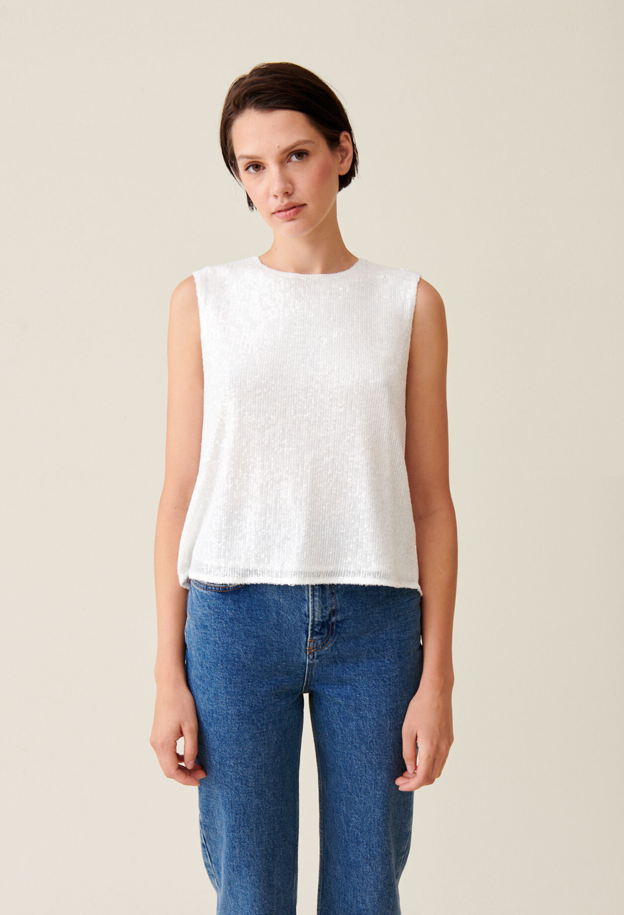 Top sans manches sequins écru