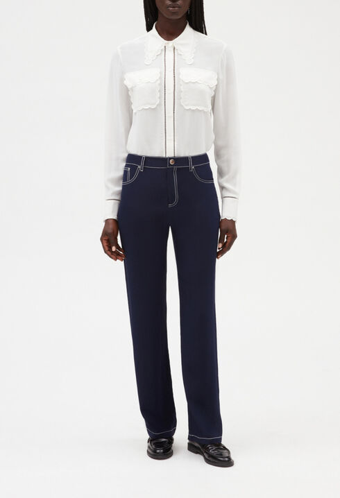 Pantalon droit soie bleue
