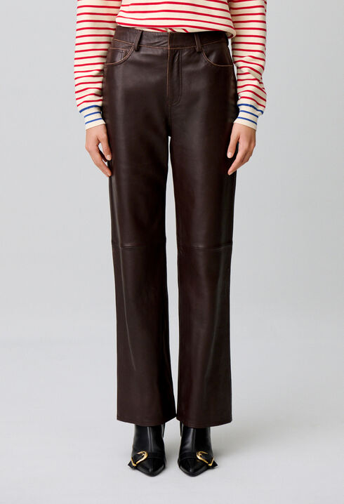 Pantalon droit cuir bouton dor&eacute;