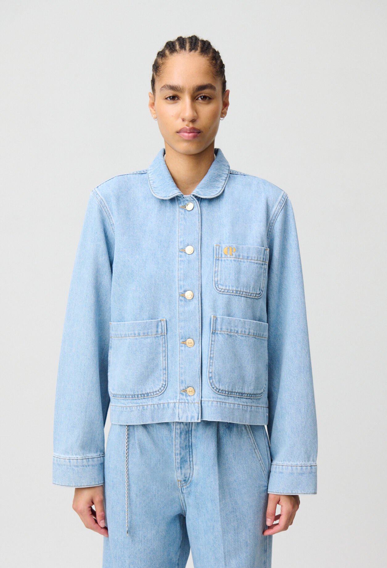 Veste jean denim col claudine
