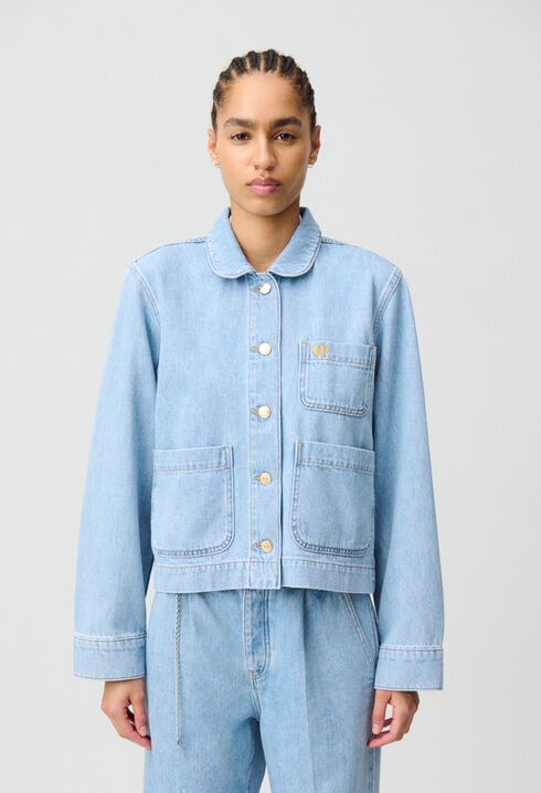Veste jean denim col claudine