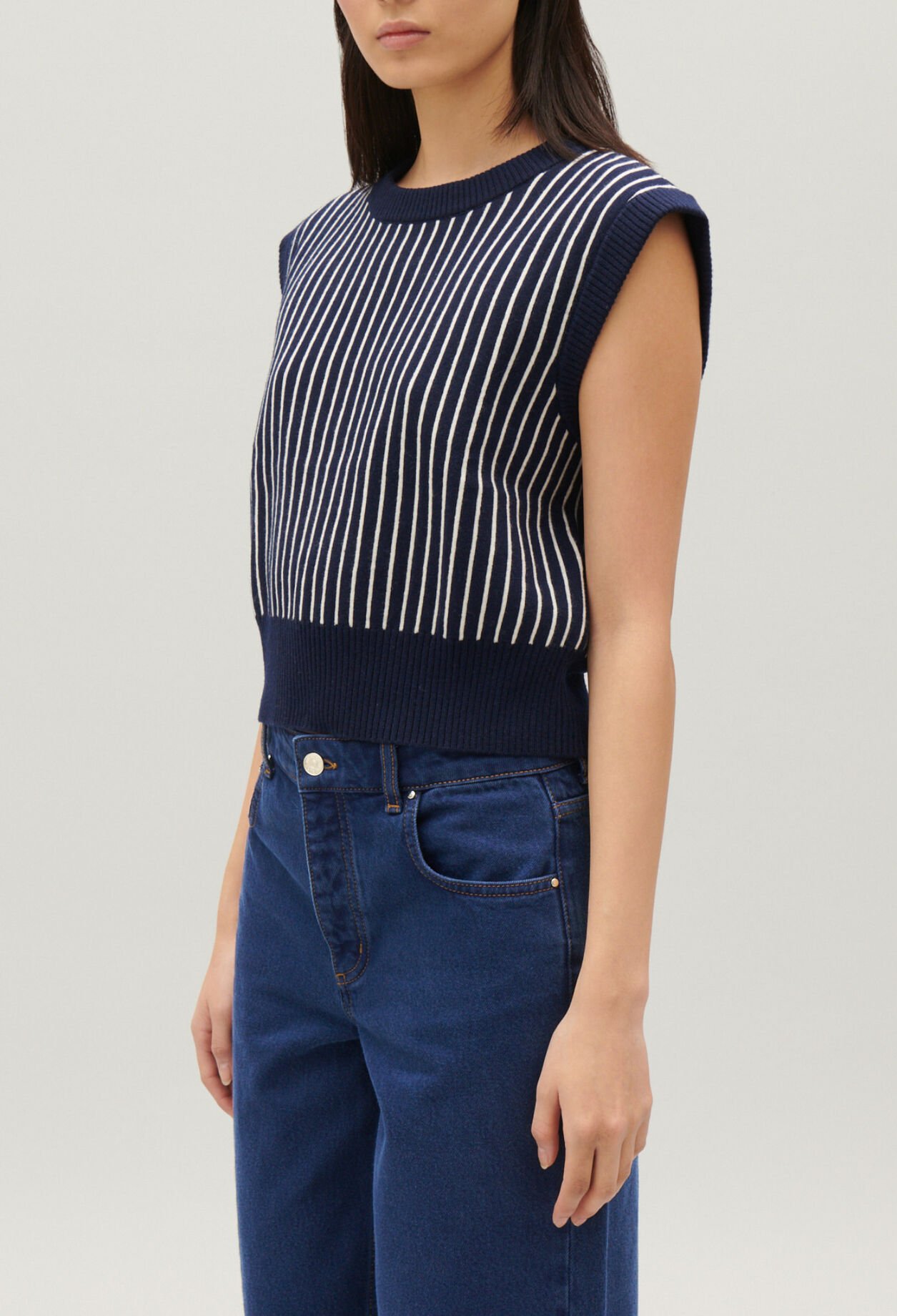 Pull sans manches maille rayée