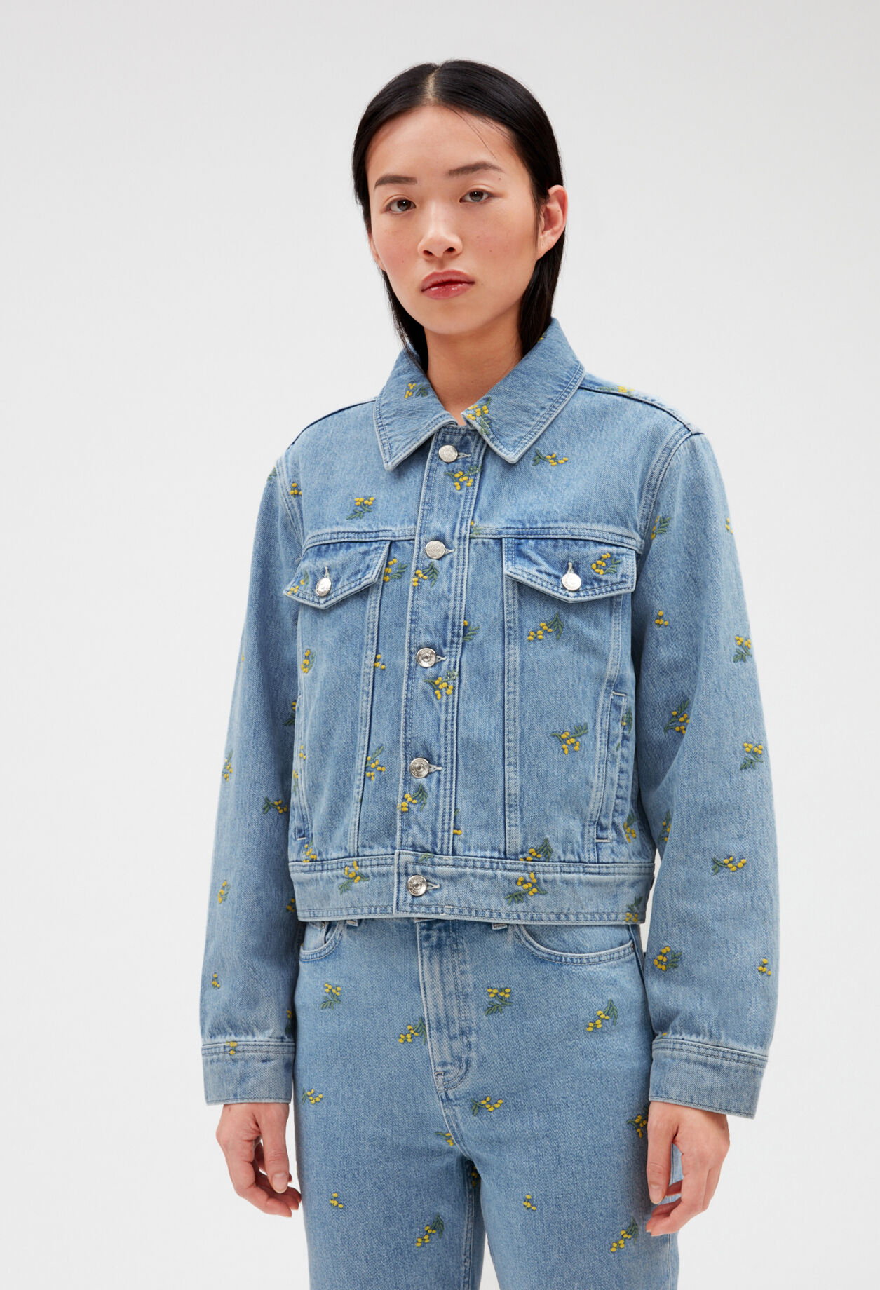 Veste jean broderies mimosa