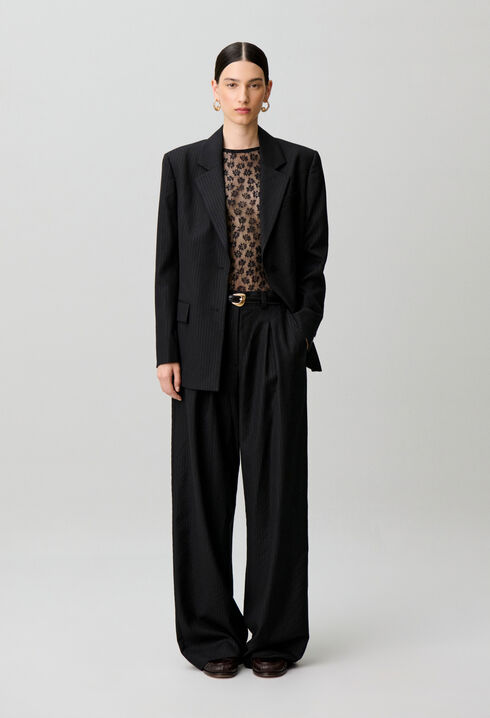 Pantalon droit laine m&eacute;lang&eacute;e rayures