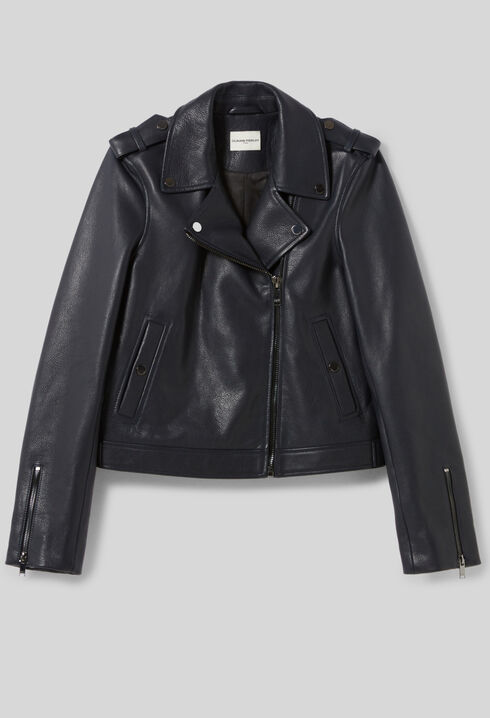 Veste cuir grain&eacute; bleu marine