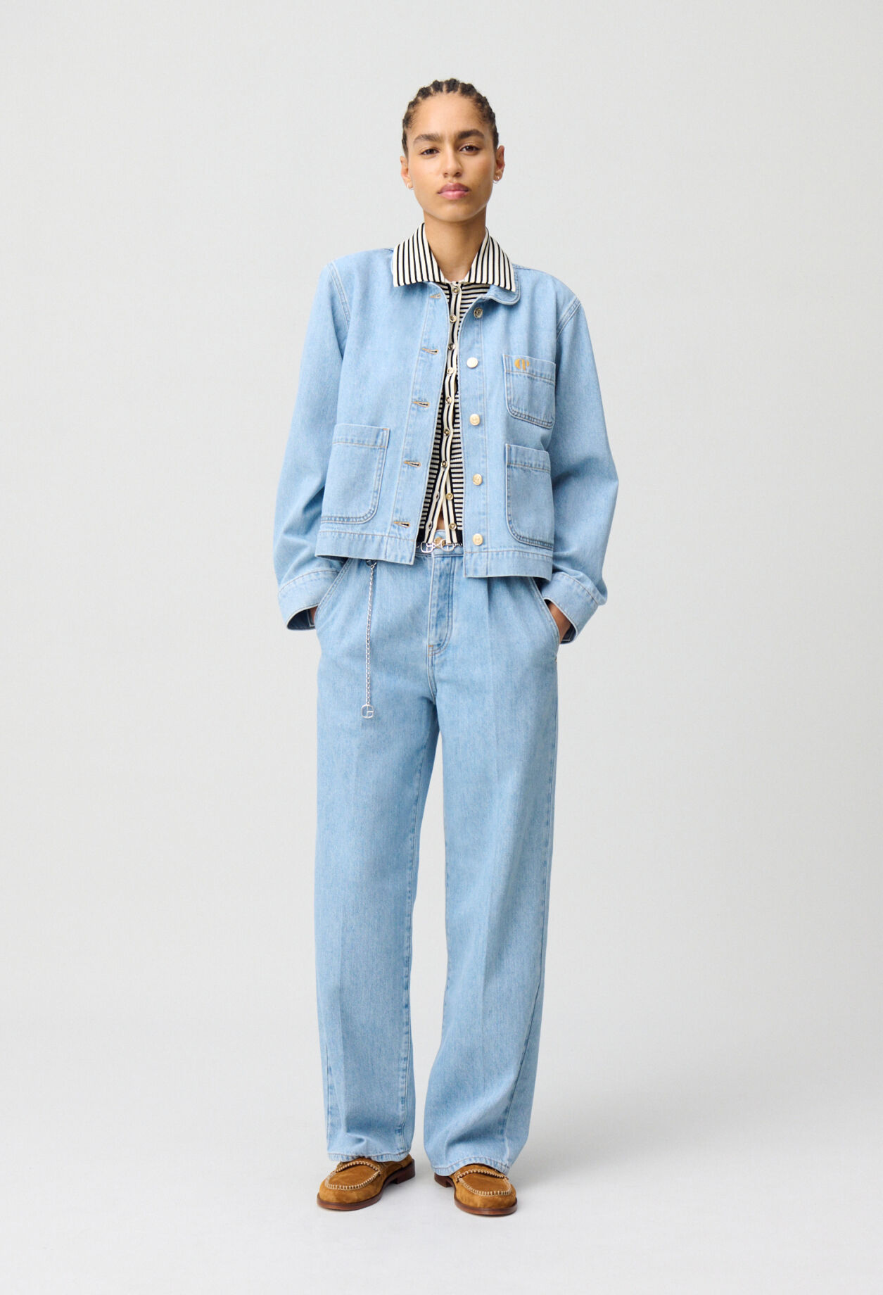 Veste jean denim col claudine