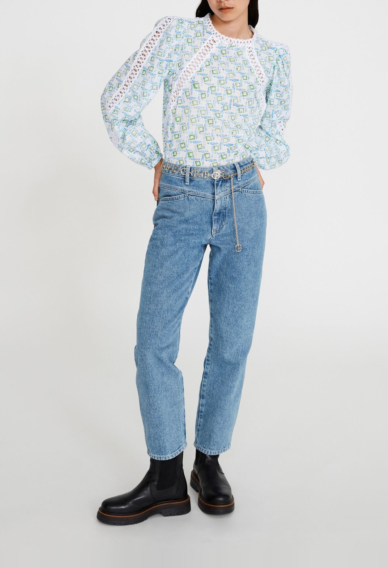 Chemise bleue imprimée à galons dentelle