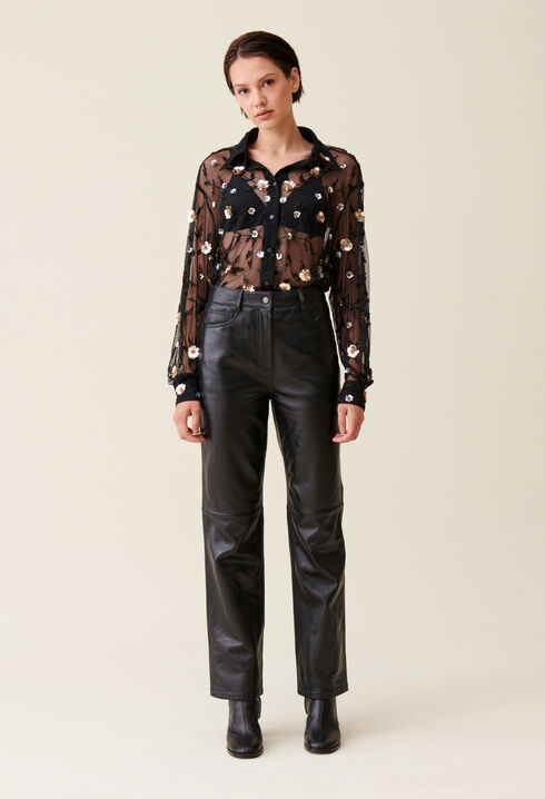 Chemise noire transparente brodée