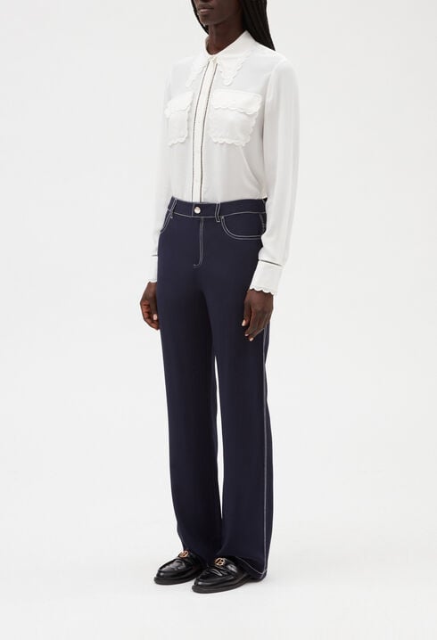 Pantalon droit long soie bleue