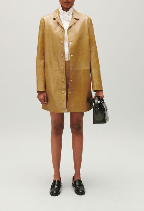 Veste longue cuir jaune ocre