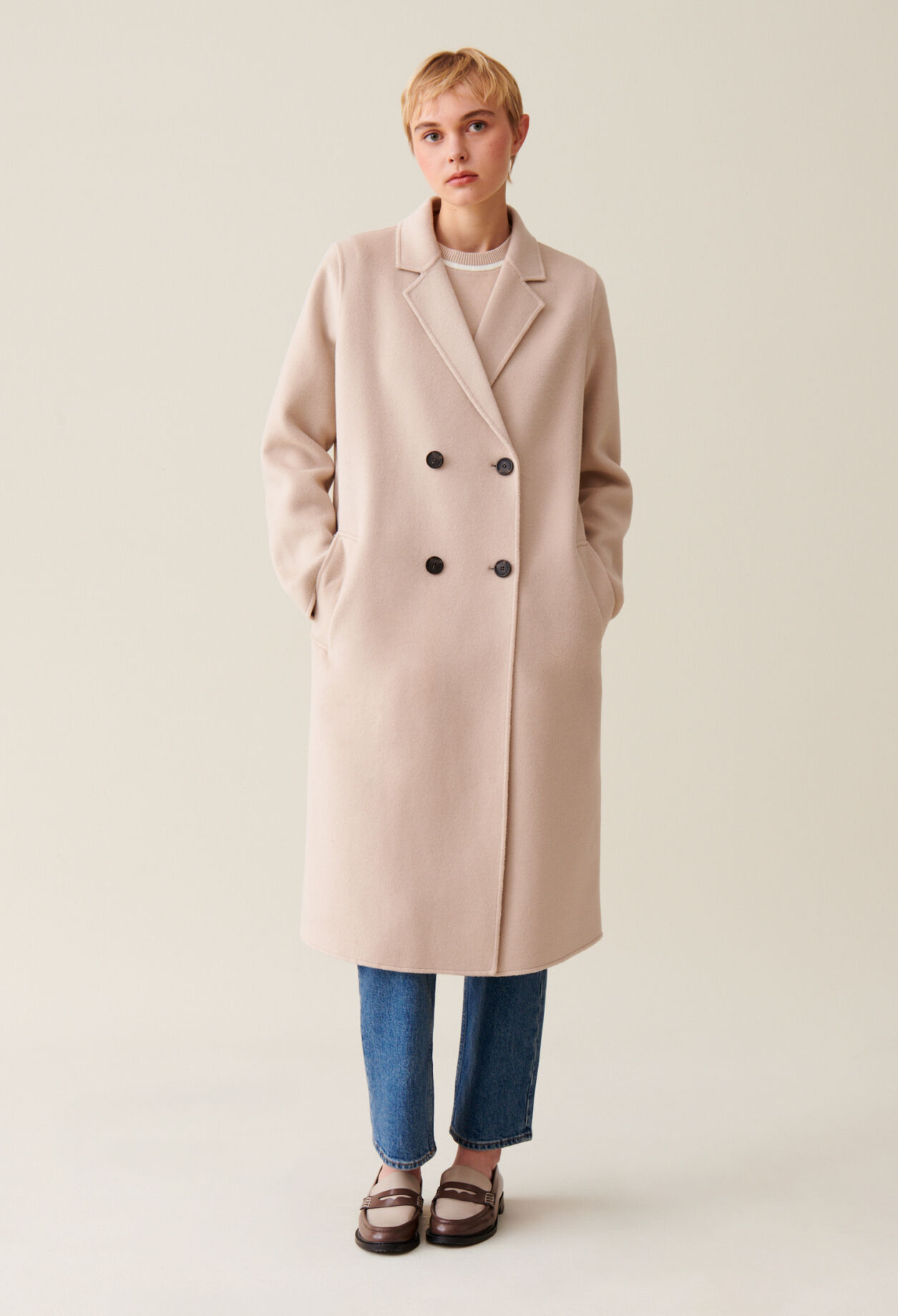 Manteau mi-long laine mélangée beige