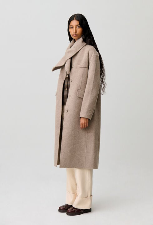 Manteau long laine col foulard