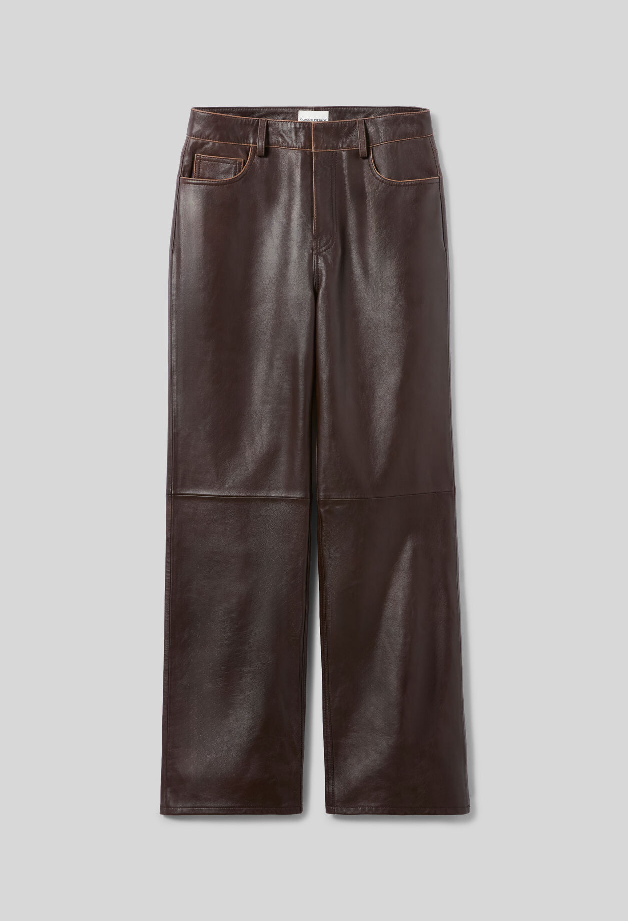 Pantalon droit cuir bouton dor&eacute;