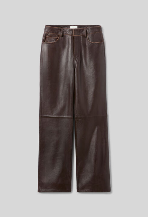 Pantalon droit cuir bouton dor&eacute;