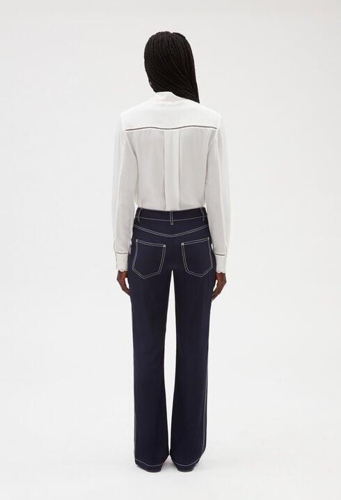 Pantalon droit long soie bleue