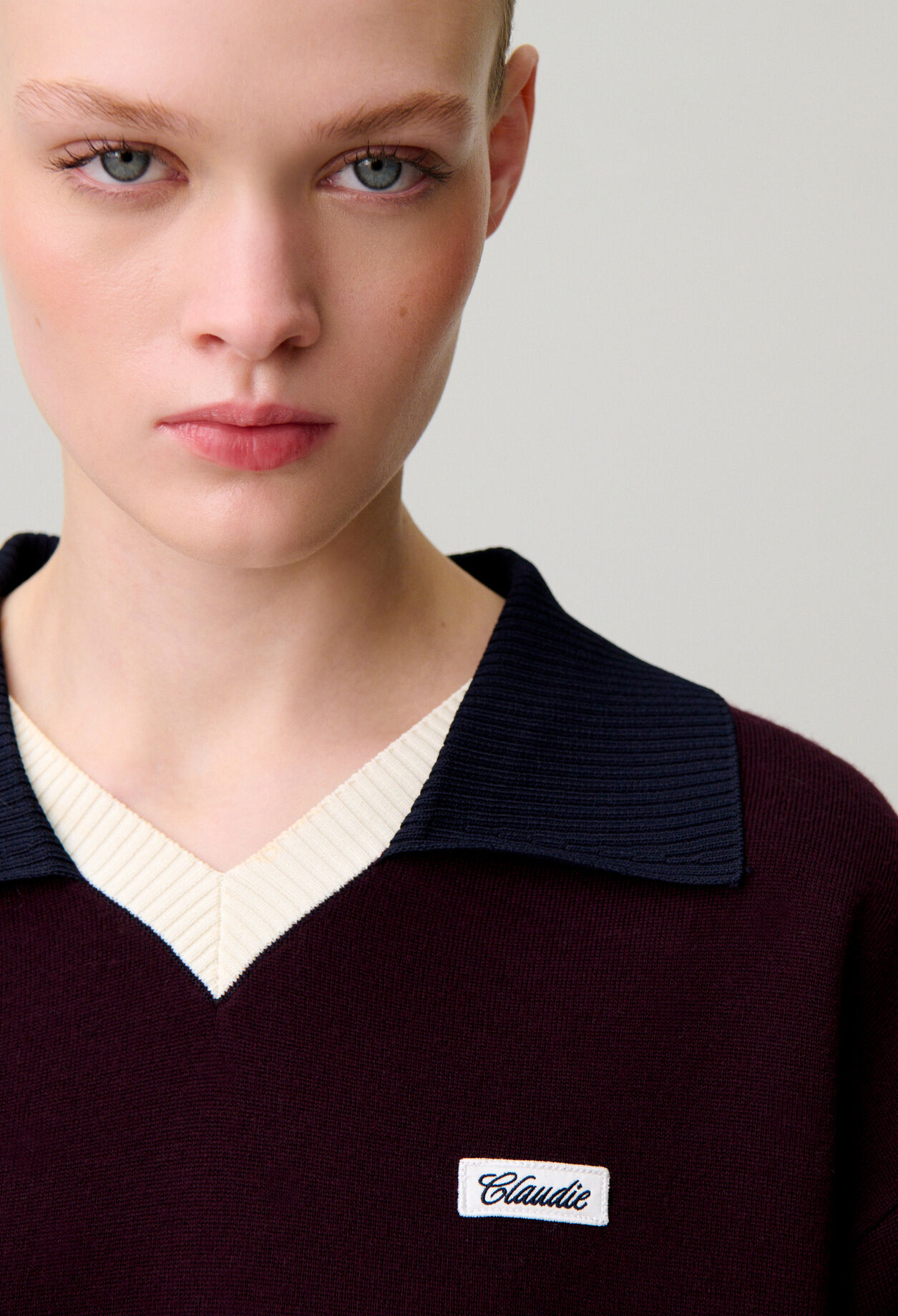 Pull maille double col contrast&eacute;