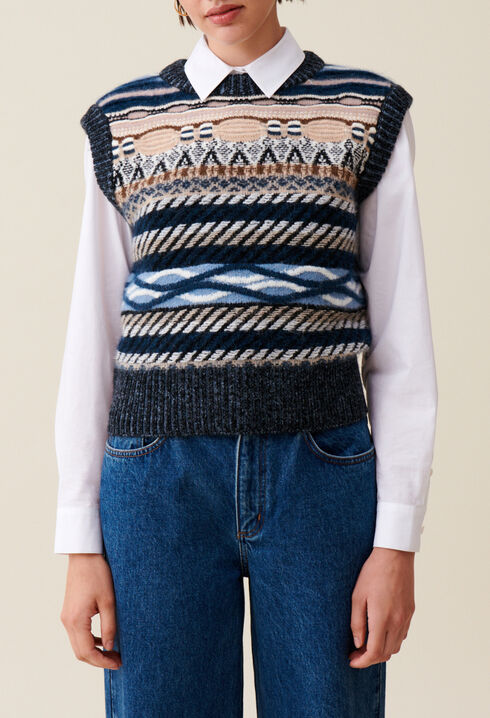 Pull sans manches rayures &agrave; motifs
