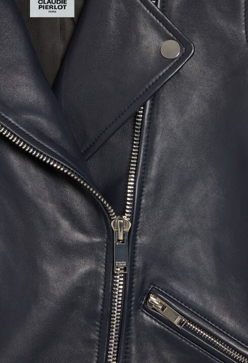 Veste en cuir lisse bleu marine