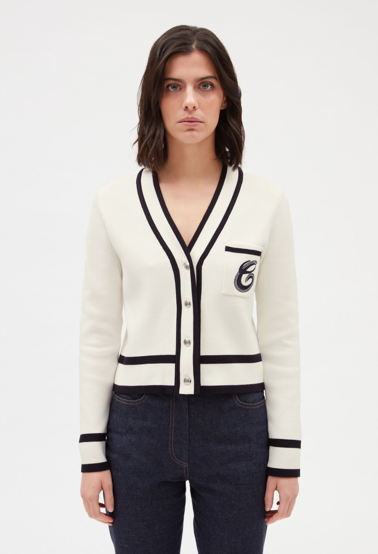 Cardigan bicolore poche brodée
