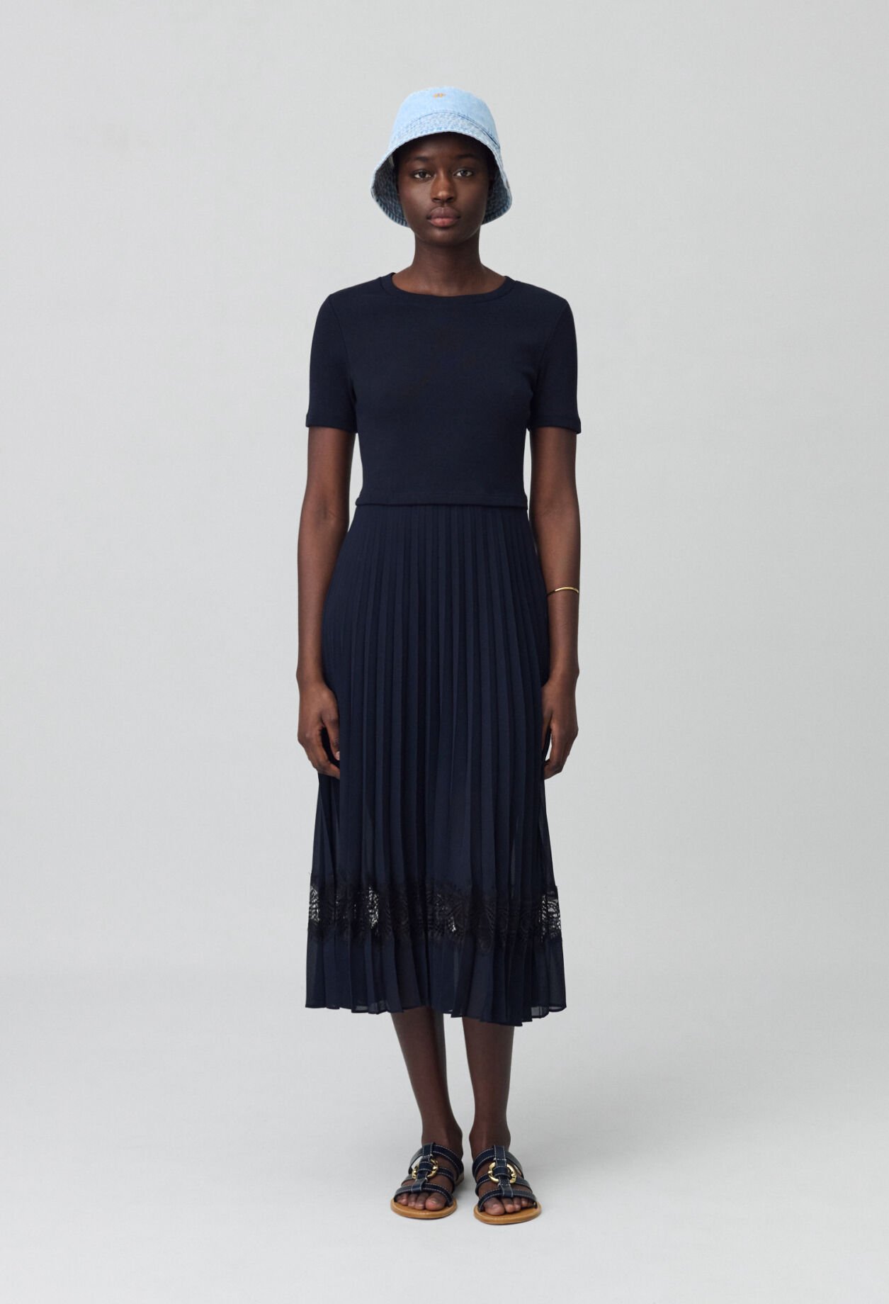 Robe midi bi-matière noire et marine 