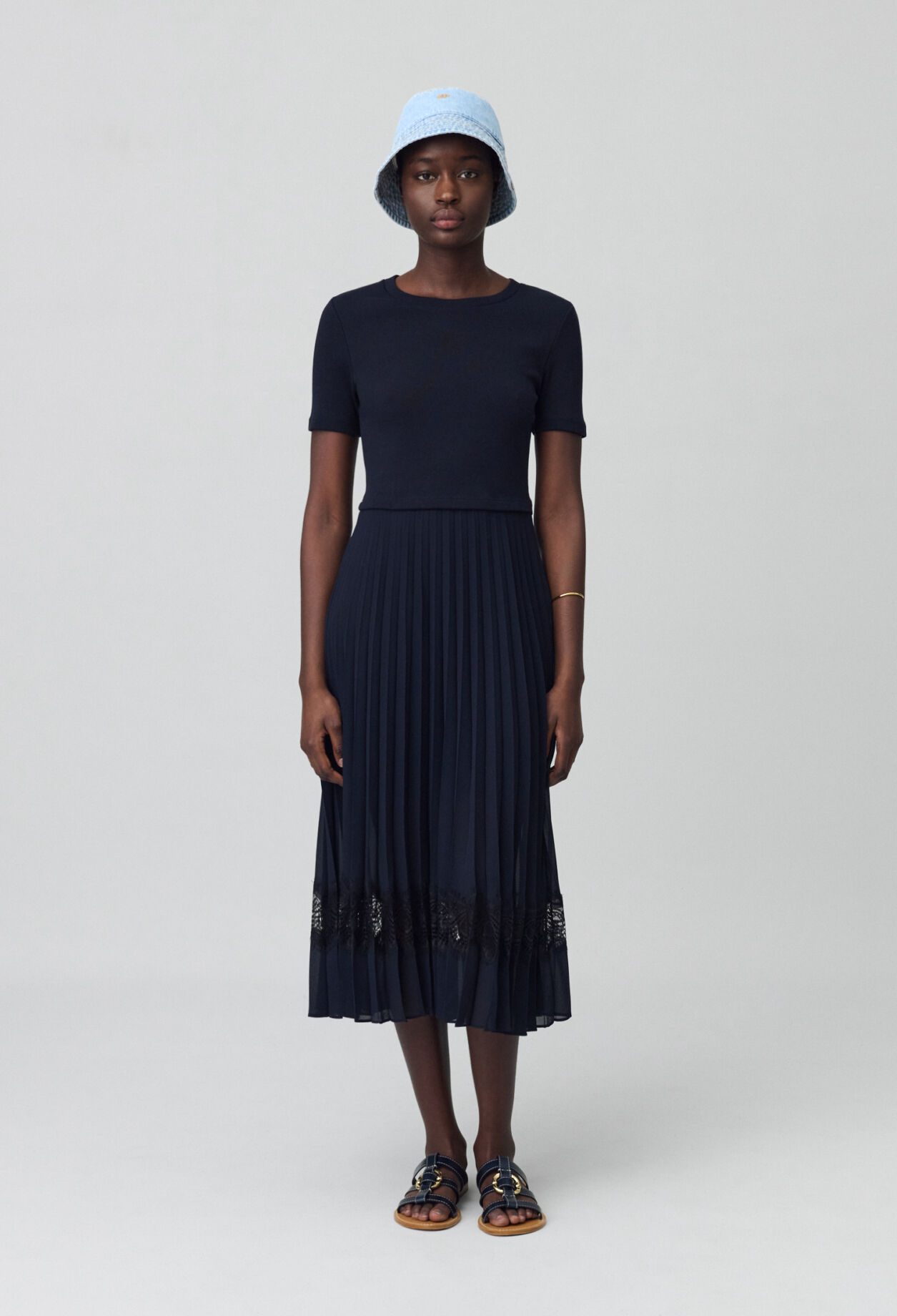 Robe midi bi-matière noire et marine