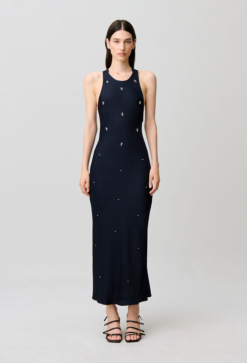 Robe longue satin brod&eacute; perles strass