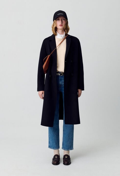 Manteau noir droit mi-long 