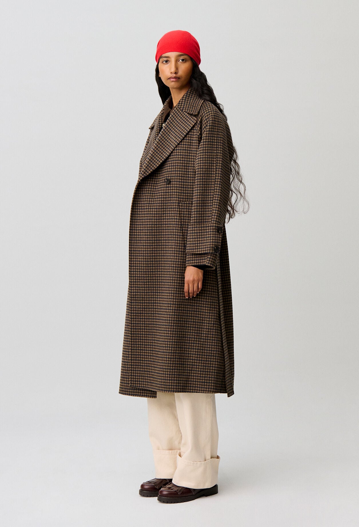 Manteau mi-long carreaux ceinture