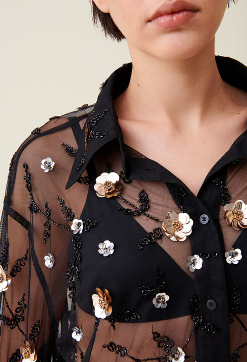 Chemise noire transparente brodée