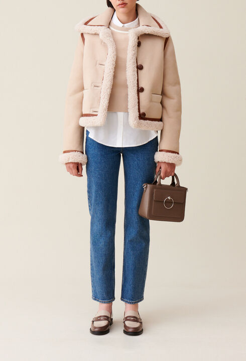 Veste peau lain&eacute;e beige