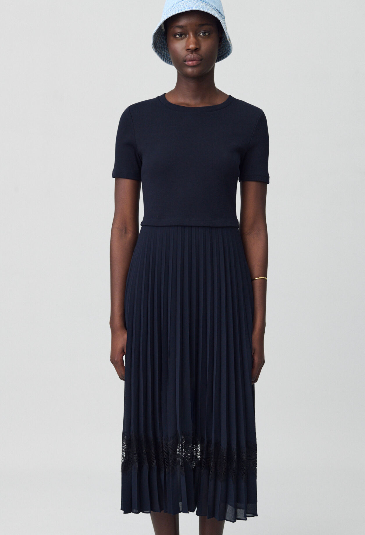Robe midi bi-matière noire et marine
