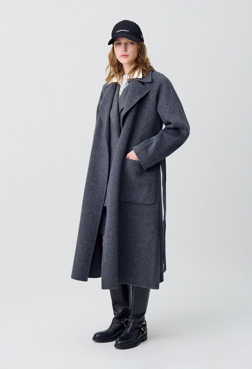 Manteau long ceinturé laine
