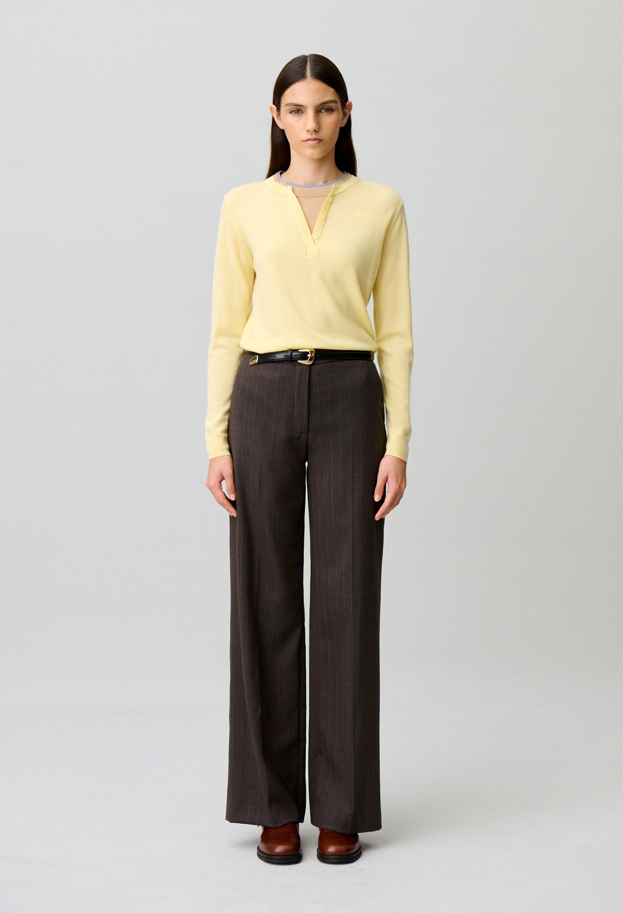 Pantalon droit laine m&eacute;lang&eacute;e ray&eacute;
