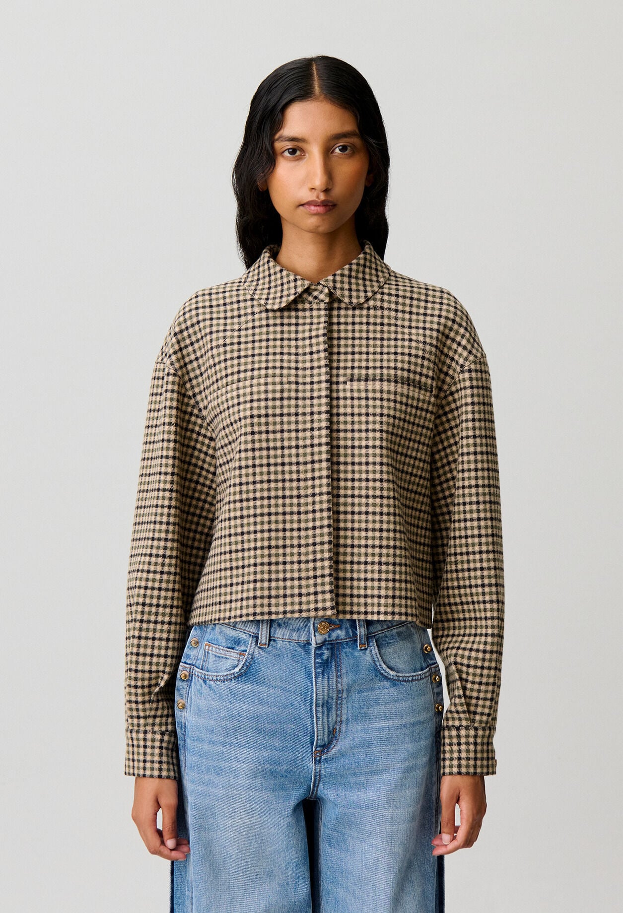 Veste courte laine m&eacute;lang&eacute;e &agrave; carreaux