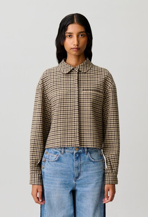 Veste courte laine m&eacute;lang&eacute;e &agrave; carreaux