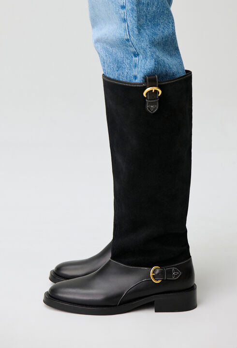 Bottes mi-hautes cuir su&egrave;de noir