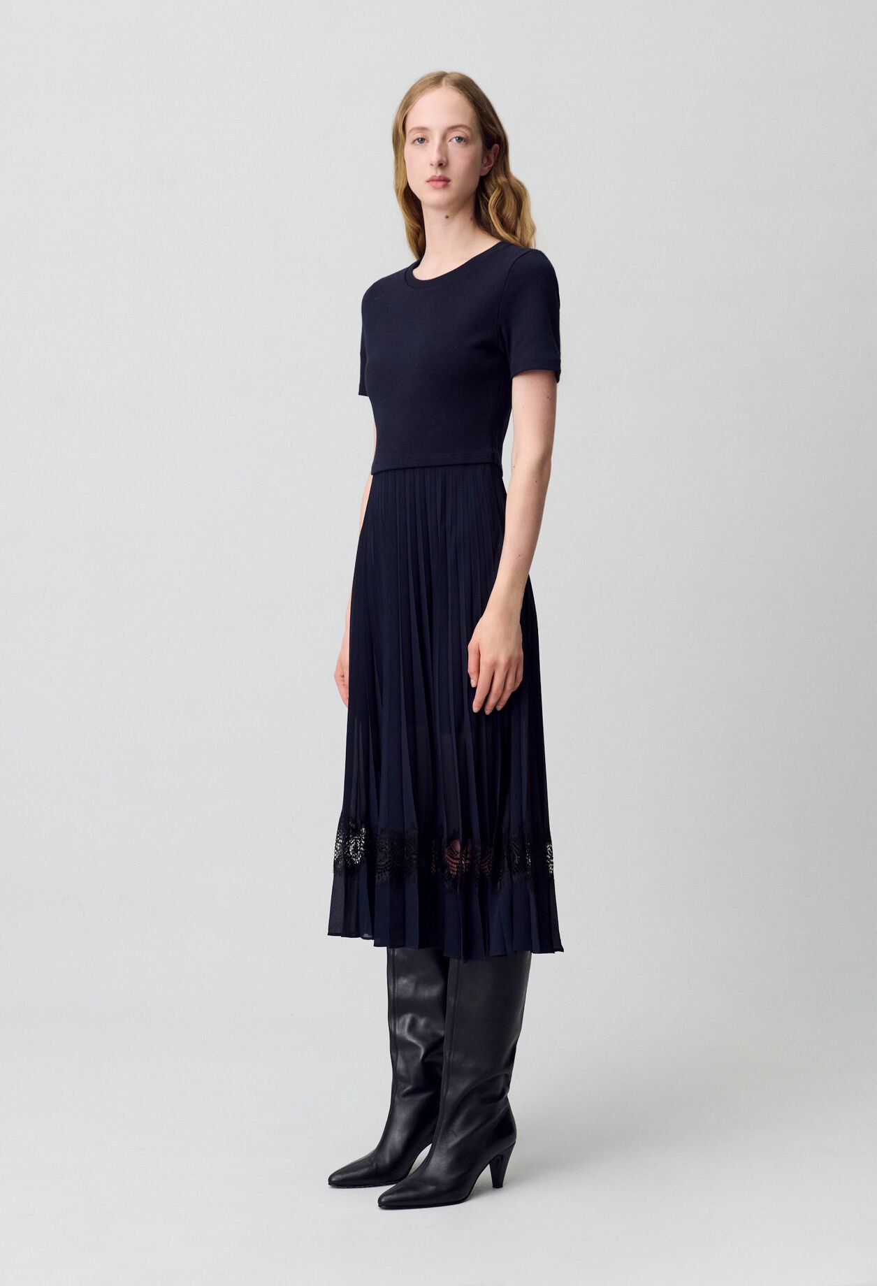 Robe midi bi-matière noire et marine 