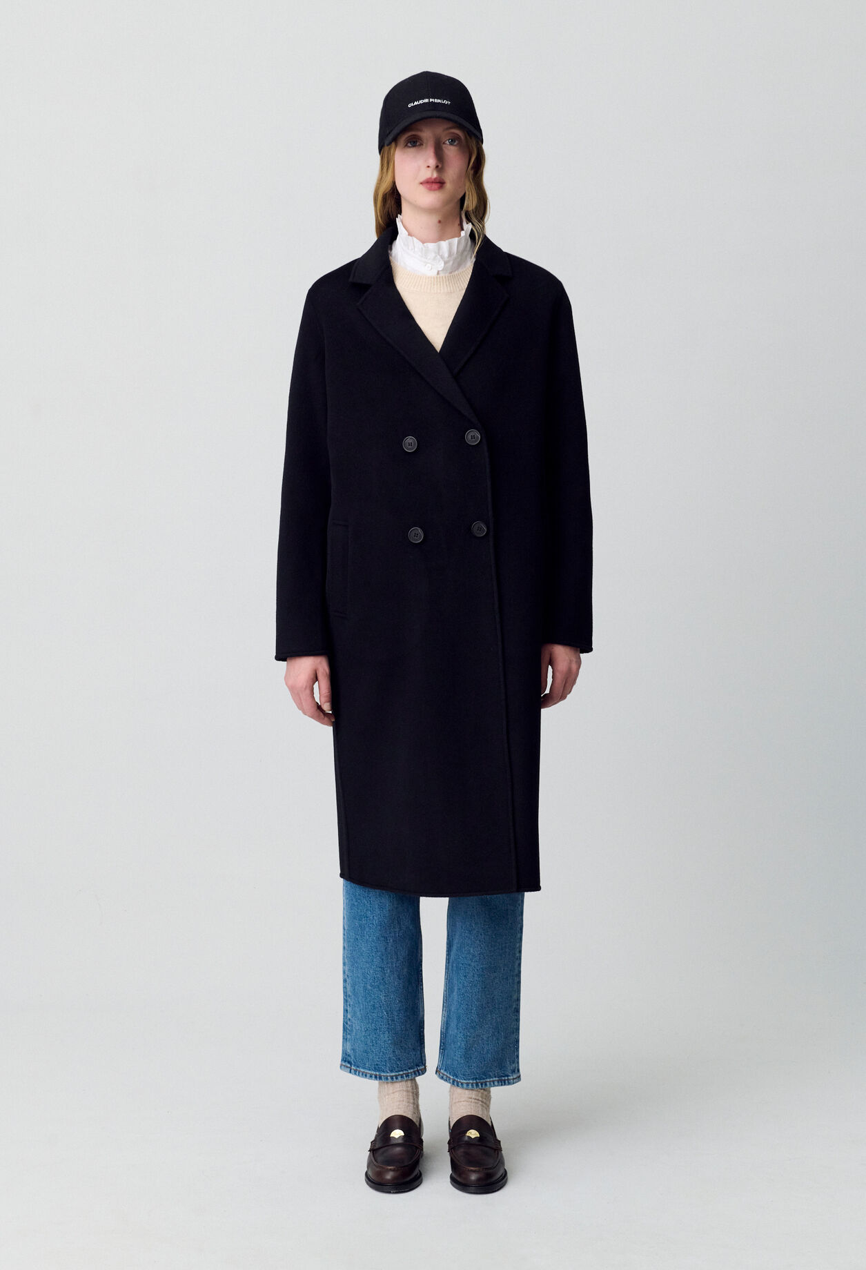 Manteau noir droit mi-long 