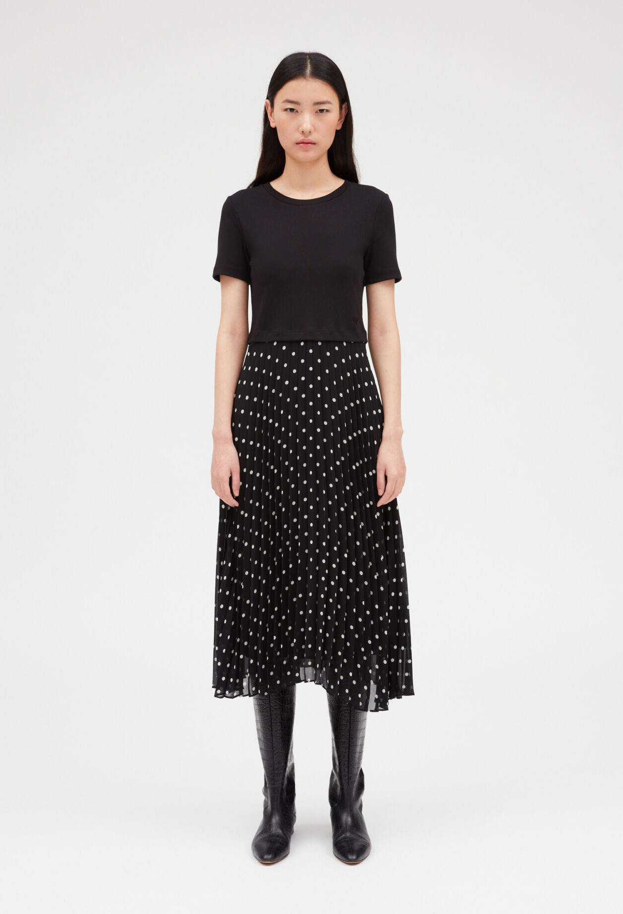 Robe midi bicolore à pois