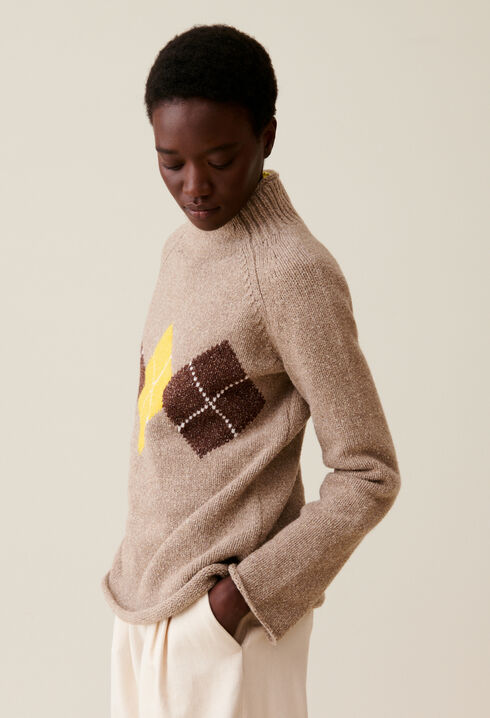 Pull oversized col cheminée motifs