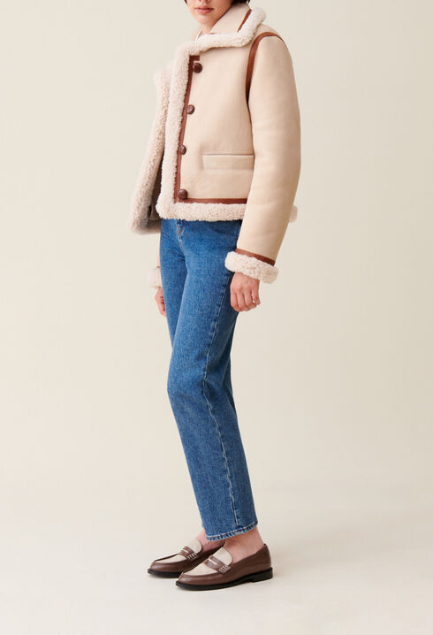 Veste peau lain&eacute;e beige