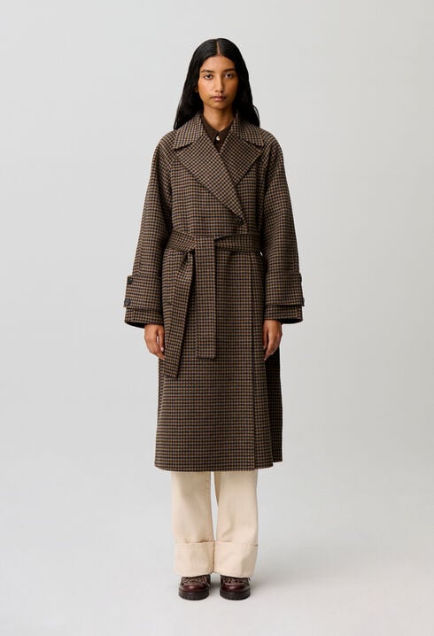 Manteau mi-long carreaux ceinture