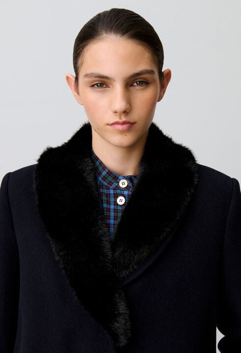 Manteau long laine col fausse fourrure