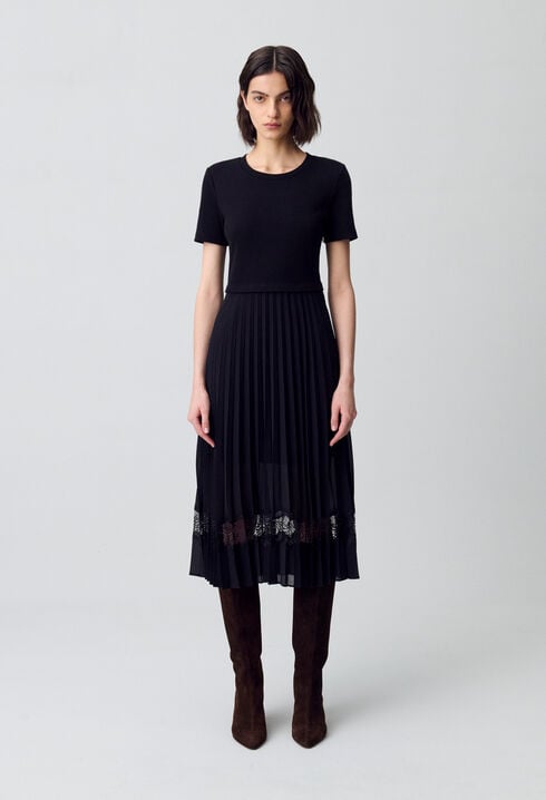 Robe midi Twist bi-matière noire