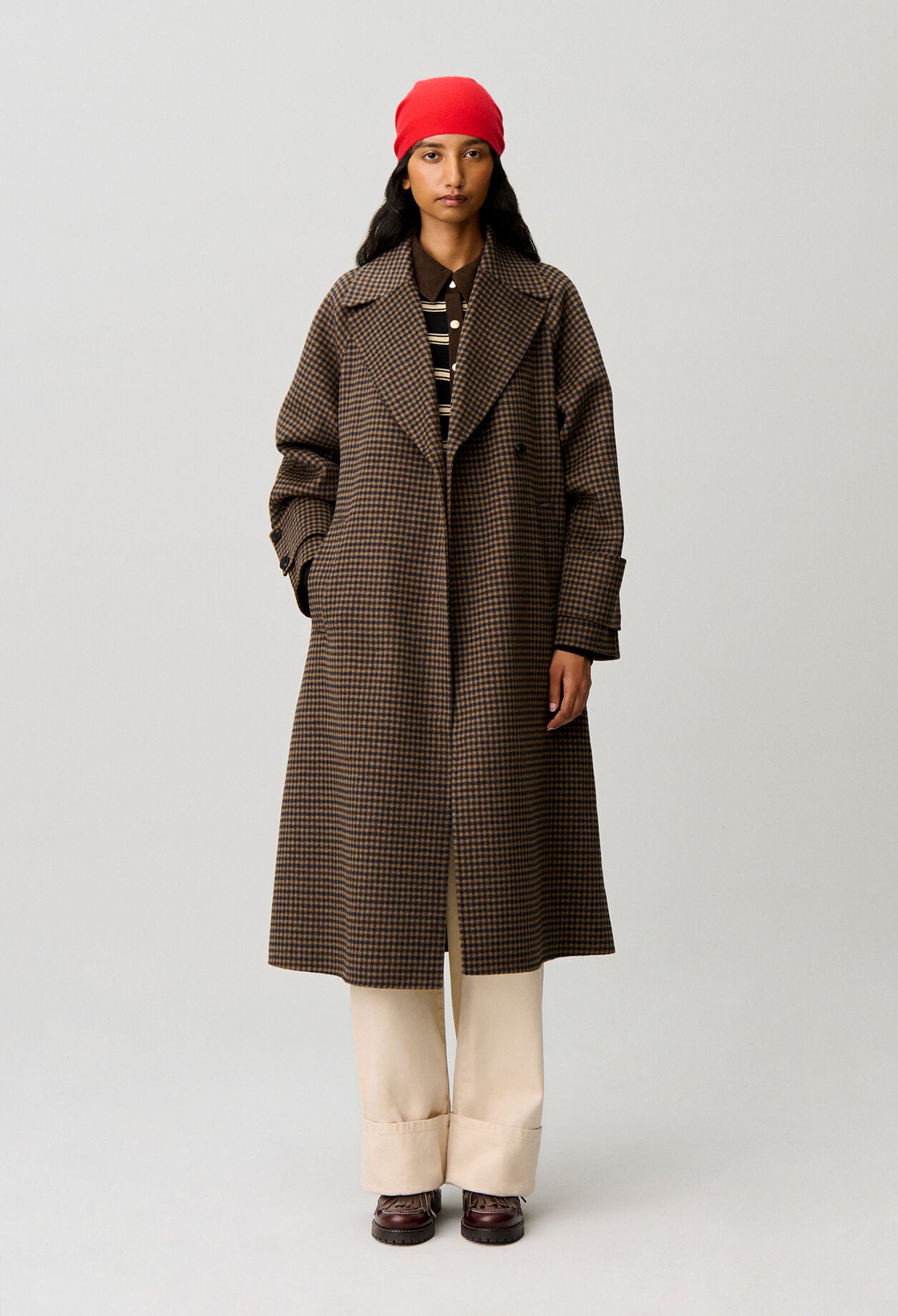 Manteau mi-long carreaux ceinture